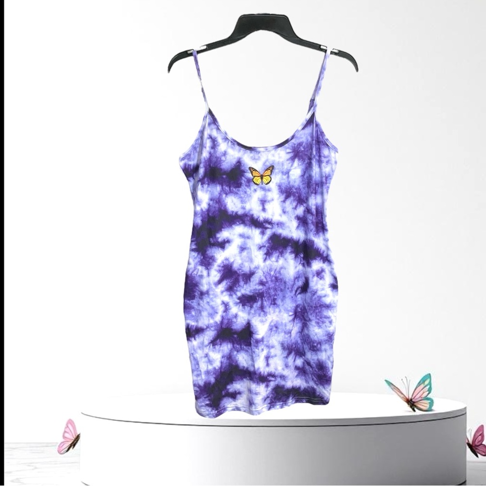 SHEIN Purple & White Tye Dye/Monarch Butterfly Sun Dress Adj Straps Women 8/10